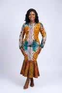 Amira Mermaid Gown — Ochre & Teal Adire