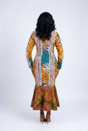 Amira Mermaid Gown — Ochre & Teal Adire