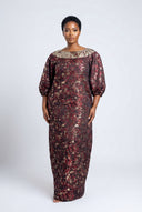 Efe Floral Metallic Boubou — Deep Wine/Gold