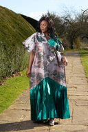 Bola Flowered *bow* Maxi Dress With Emerald Green Pleating