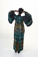 Oluwayemisi Butterfly Sleeve Adire Dress - Black with teal and yellow Patterns