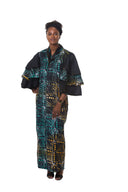Oluwayemisi Butterfly Sleeve Adire Dress - Black with teal and yellow Patterns