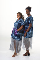 Olamide Tassel Adire Dress - Dark blue with purple pockets